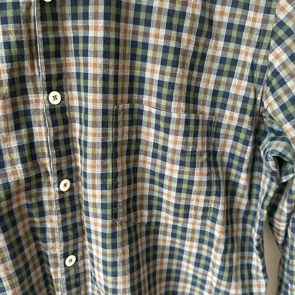 Billy Reid sz M men’s button down plaid shirt navy grey orange green great cond - Picture 5 of 5